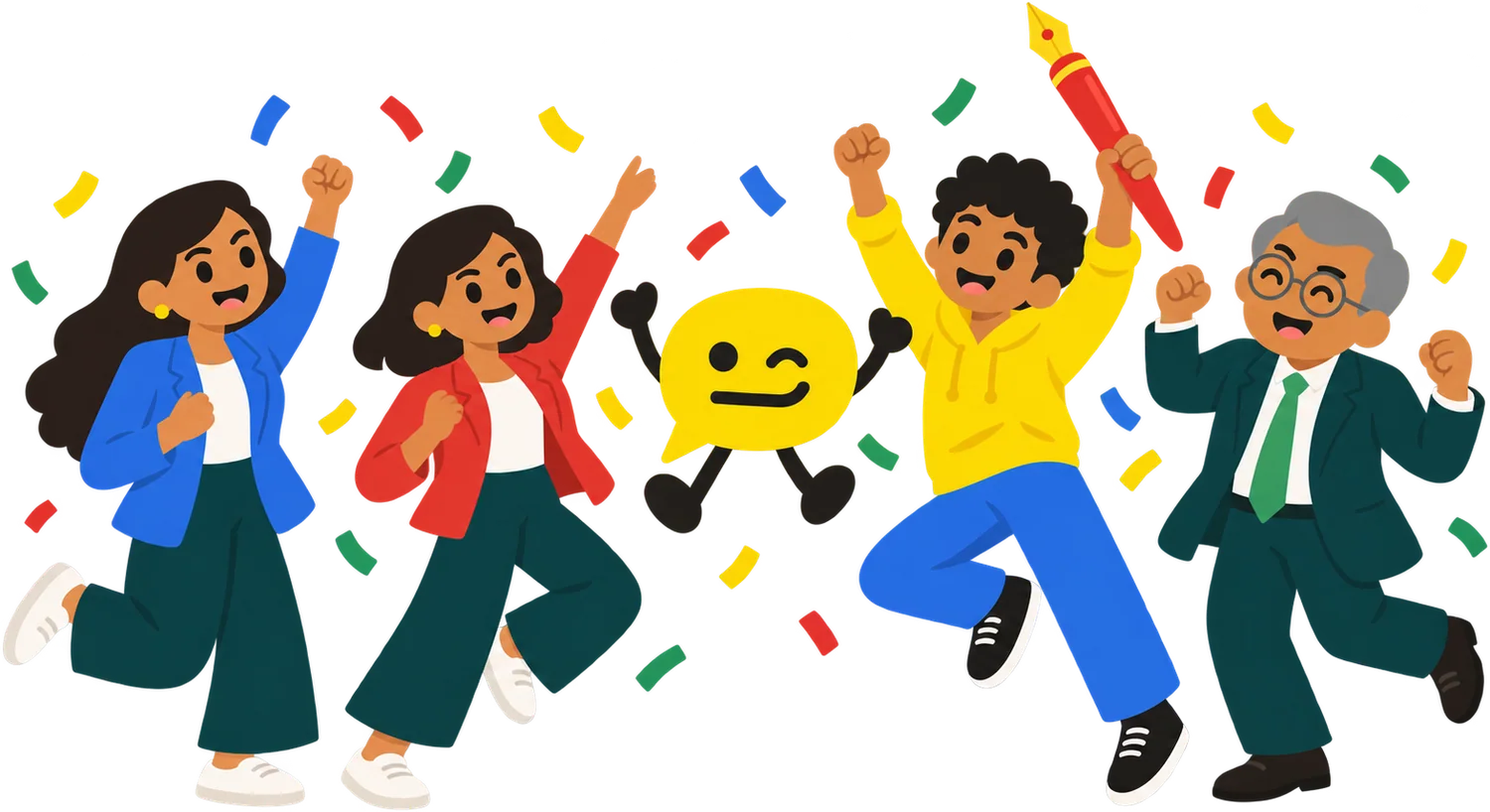 The Wordojo cast celebrating together with Bubble jumping in the middle