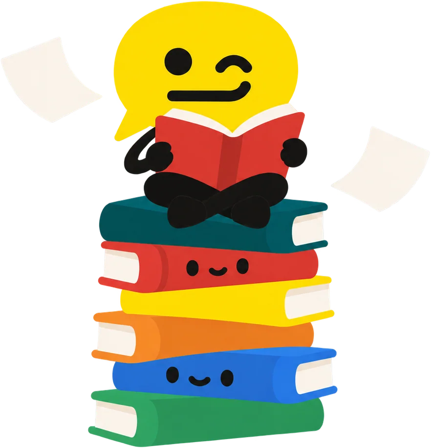 Bubble reading on top of a tall stack of colourful books