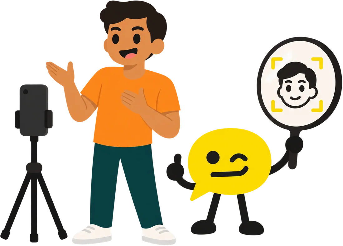 A young man talking to his phone on a tripod while Bubble holds up a mirror