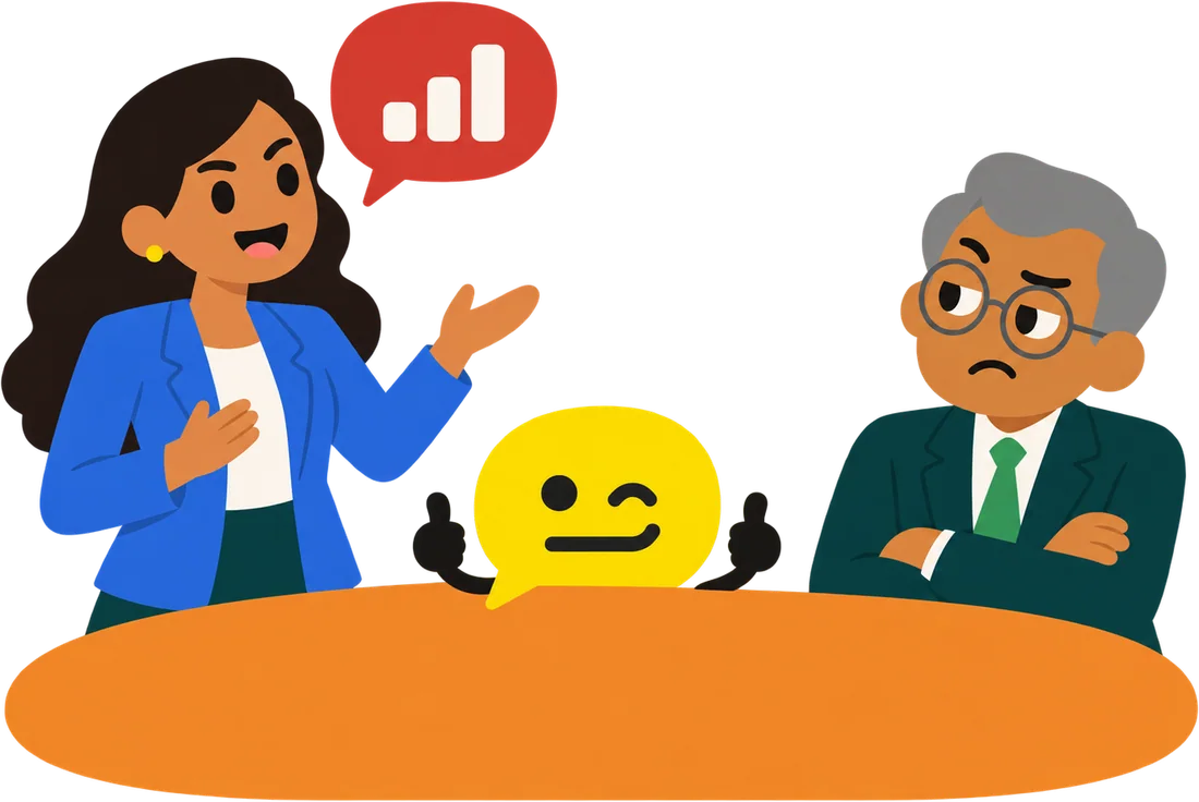 A presenter making her point to a sceptical CFO across a boardroom table while Bubble gives a thumbs up