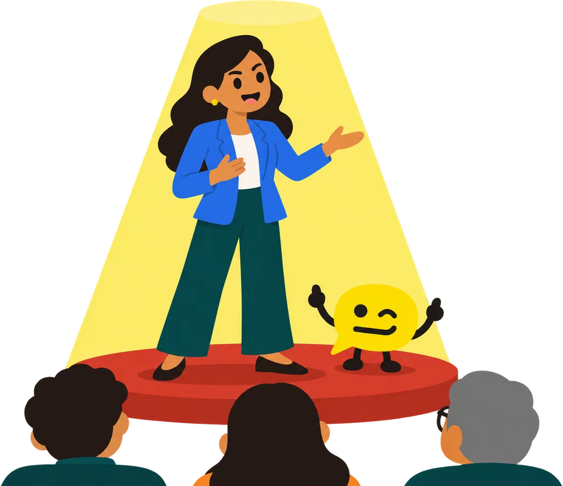 A young woman speaking confidently on a small stage under a spotlight while Bubble cheers
